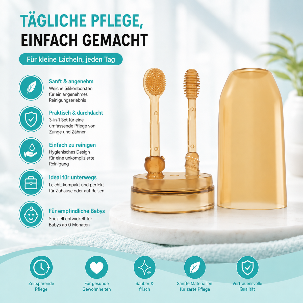 MAMIJOY 3-in-1 Silikon Baby Zahnbürste – Sanfte Pflege für Zunge & Zähne