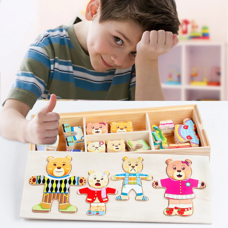 Lernspielzeug aus Holz – Tierpuzzle zum Formen- & Outfitwechsel Datgo 1