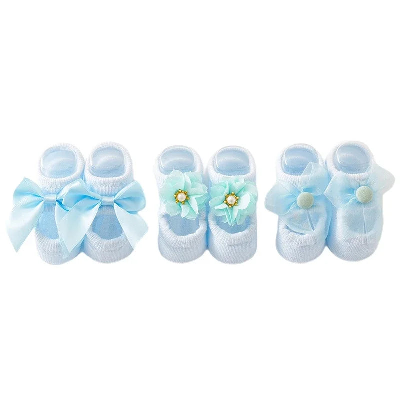 Baby Mädchen Socken mit Schleife & Blume – 3er Satz Baumwolle Blau