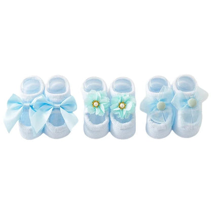 Baby Mädchen Socken mit Schleife & Blume – 3er Satz Baumwolle Blau