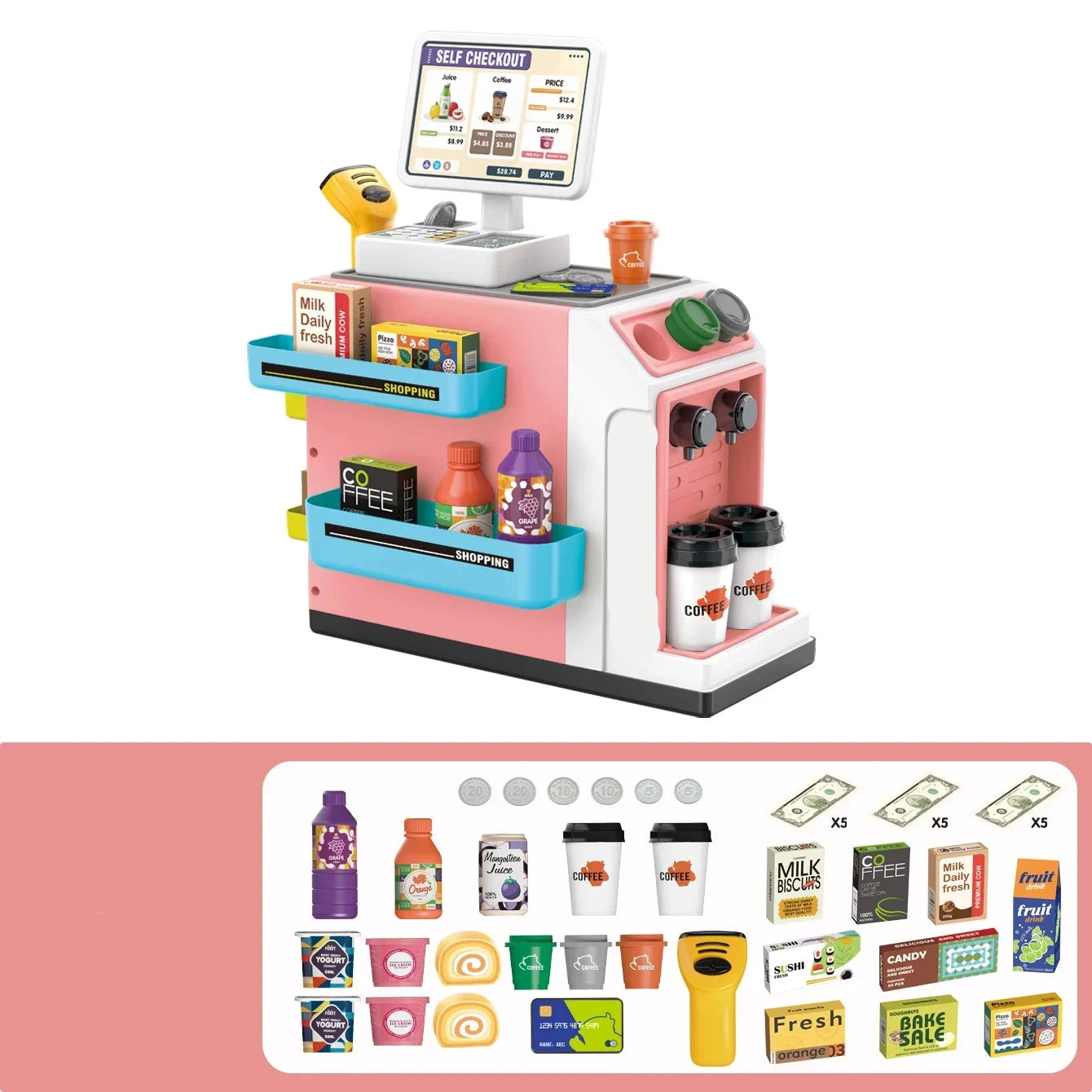 Mini Supermarkt & Kaffeemaschine Spielset – Realistisches Kauferlebnis für Kinder Hellrot