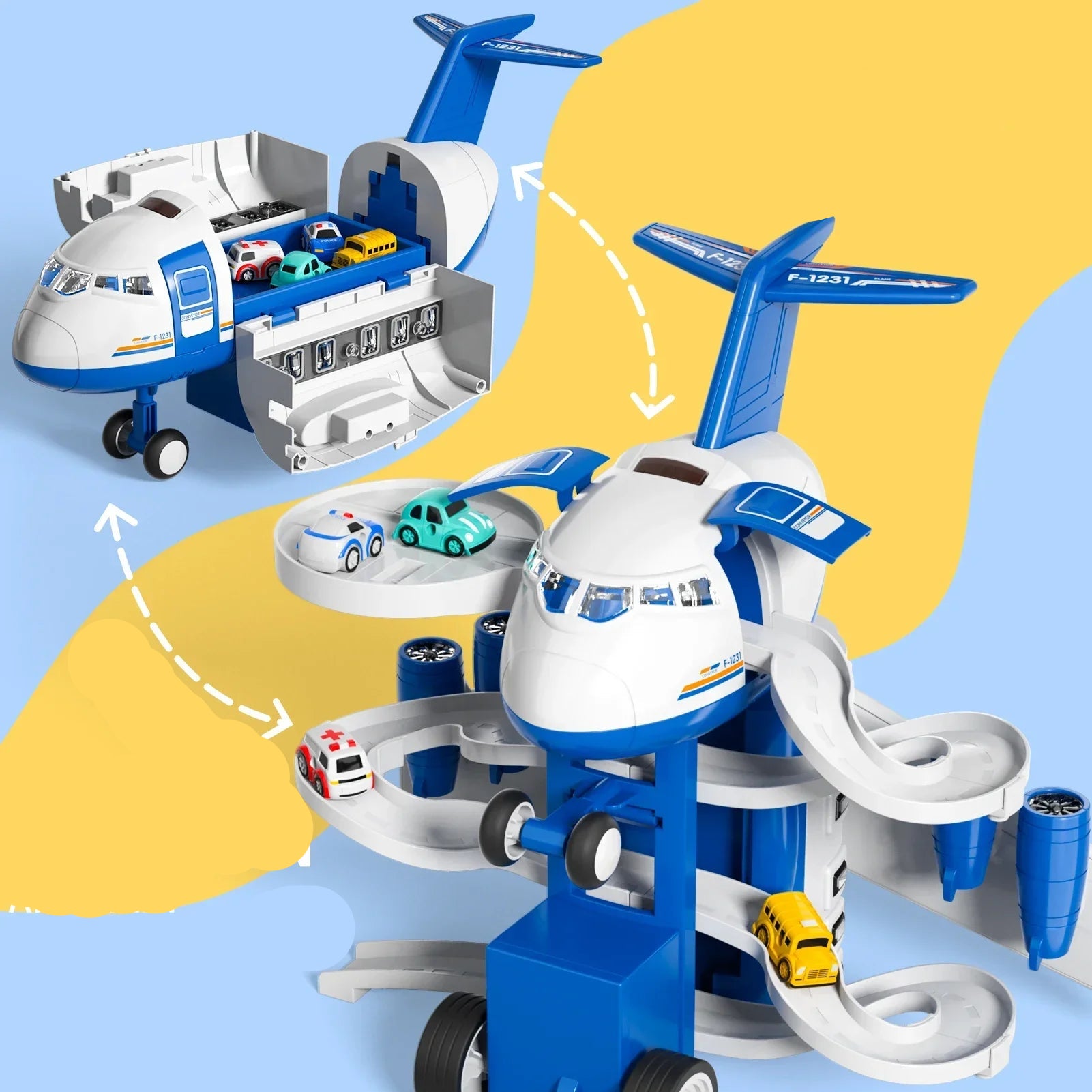Großes Flugzeug Parkhaus mit Autos & Musik – Geschenk für Kids