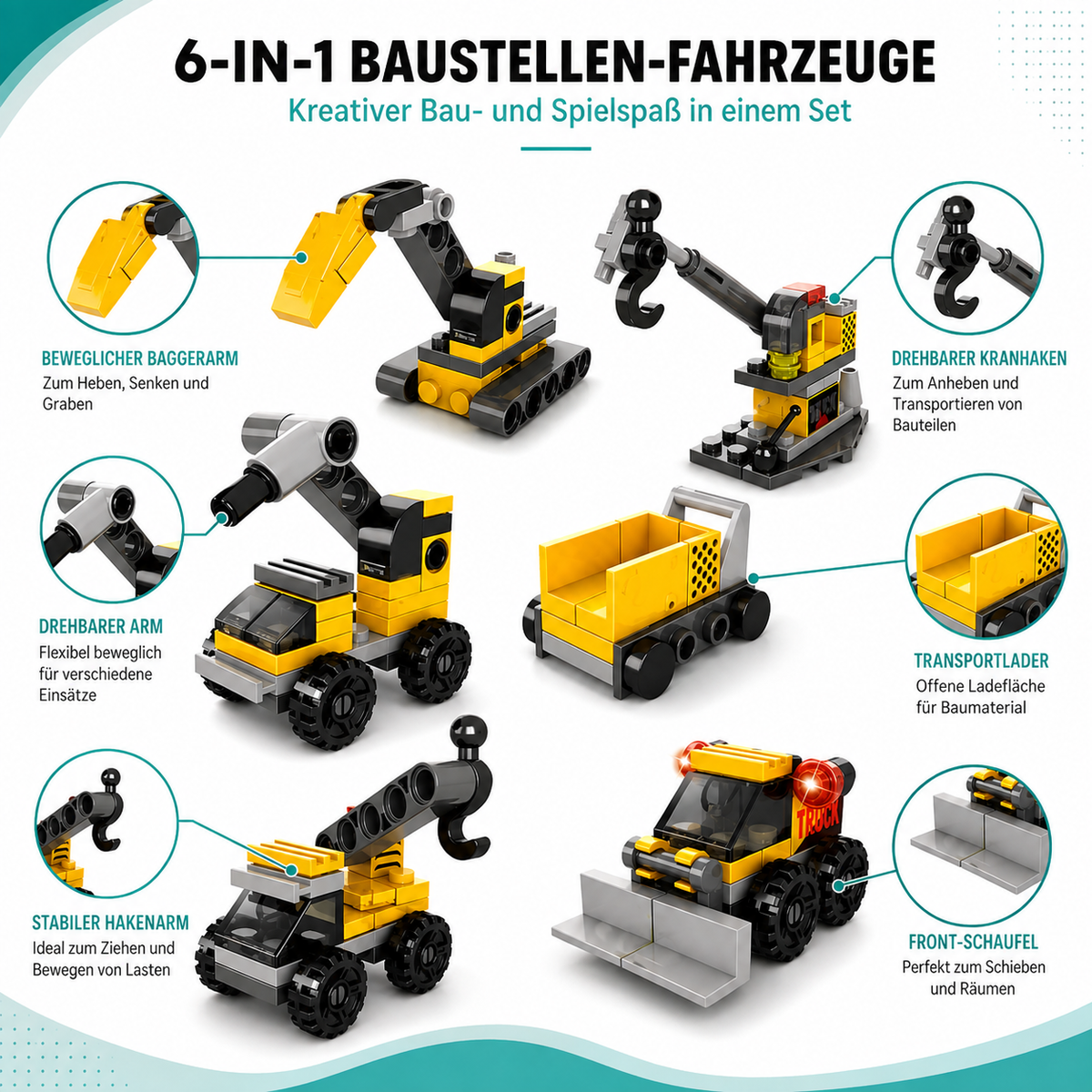 6-in-1 DIY Baustellen-Fahrzeuge – Bauen, Lernen & Smart Spielen