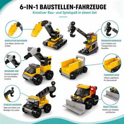 6-in-1 DIY Baustellen-Fahrzeuge – Bauen, Lernen & Smart Spielen