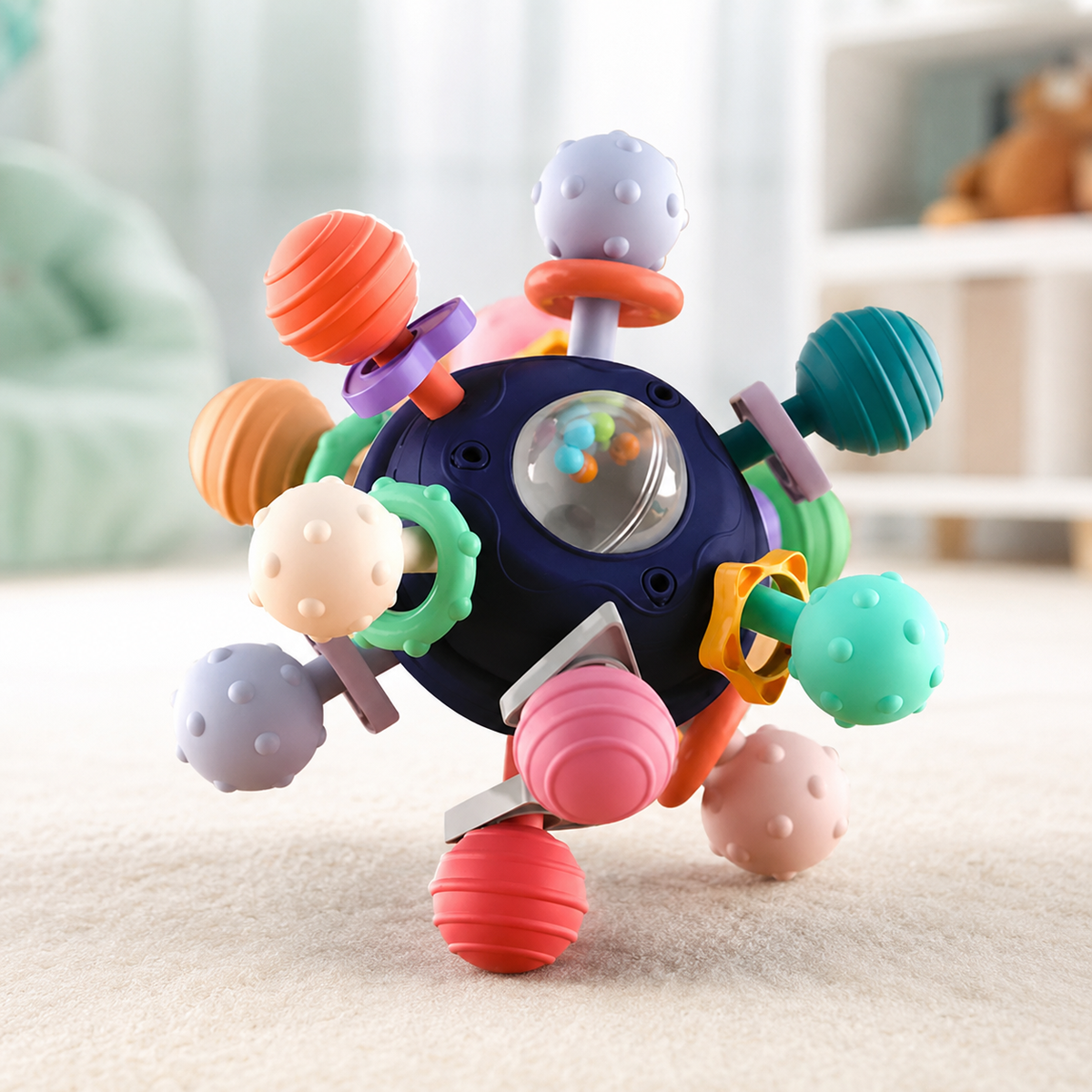 Sensorischer Montessori Beißball für Babys – Greifen, Hören, Fühlen Blau