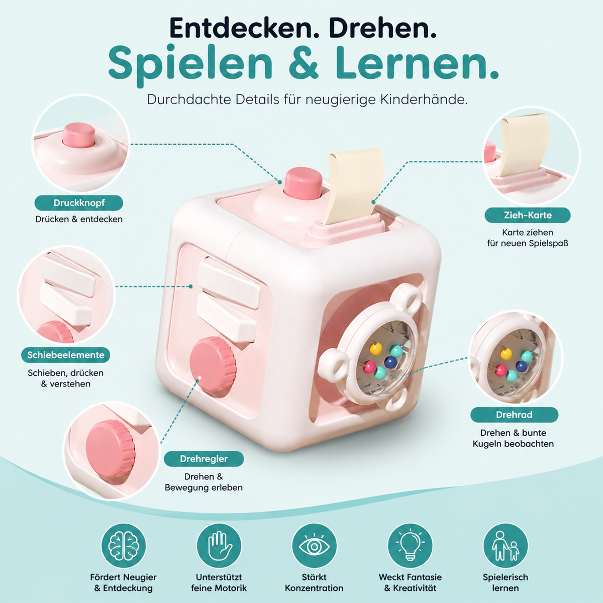 Montessori-Beschäftigungswürfel für Kinder – 6 Lernspiele in einem Würfel