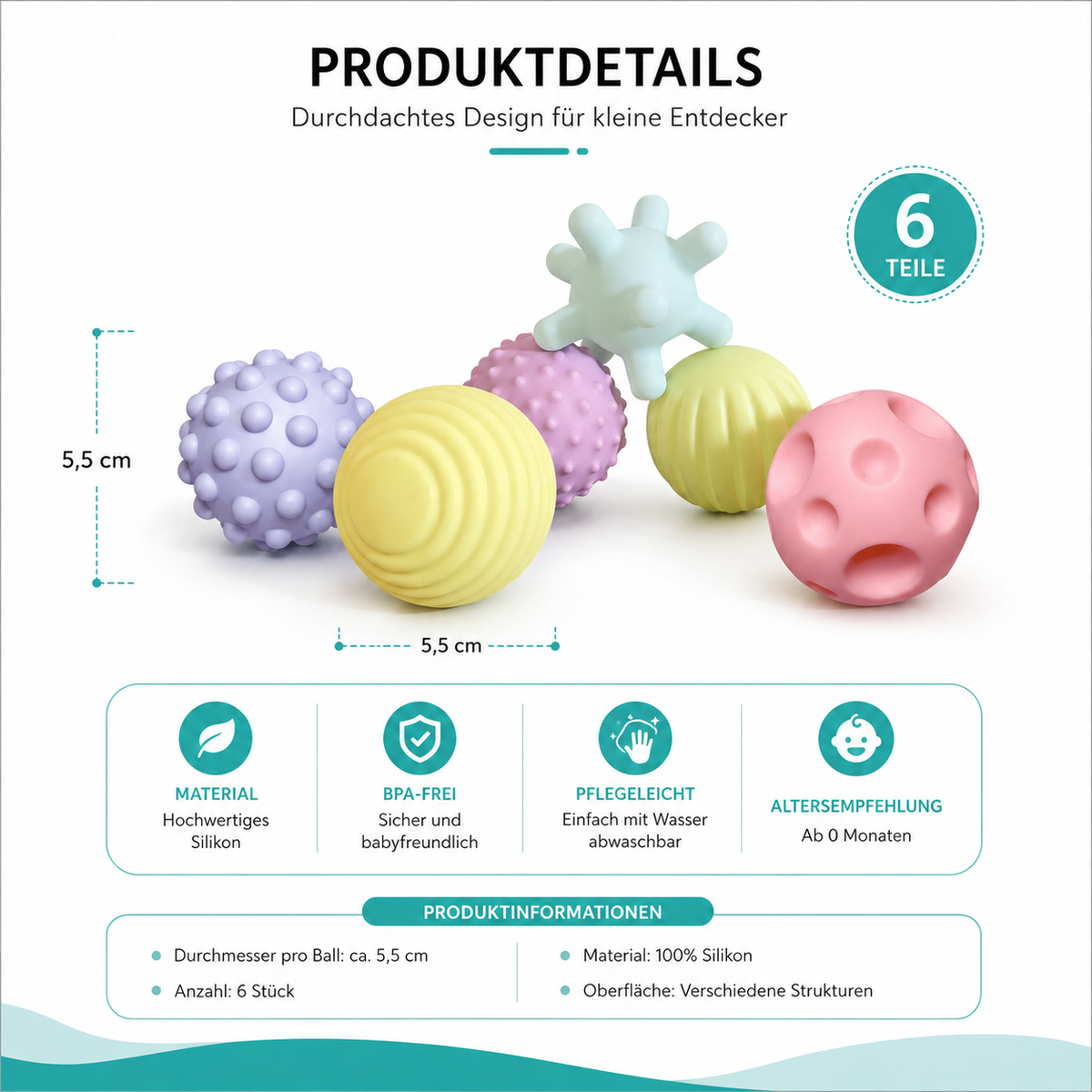 Sensorik Baby Bälle Satz – 6 weiche Montessori Tastbälle