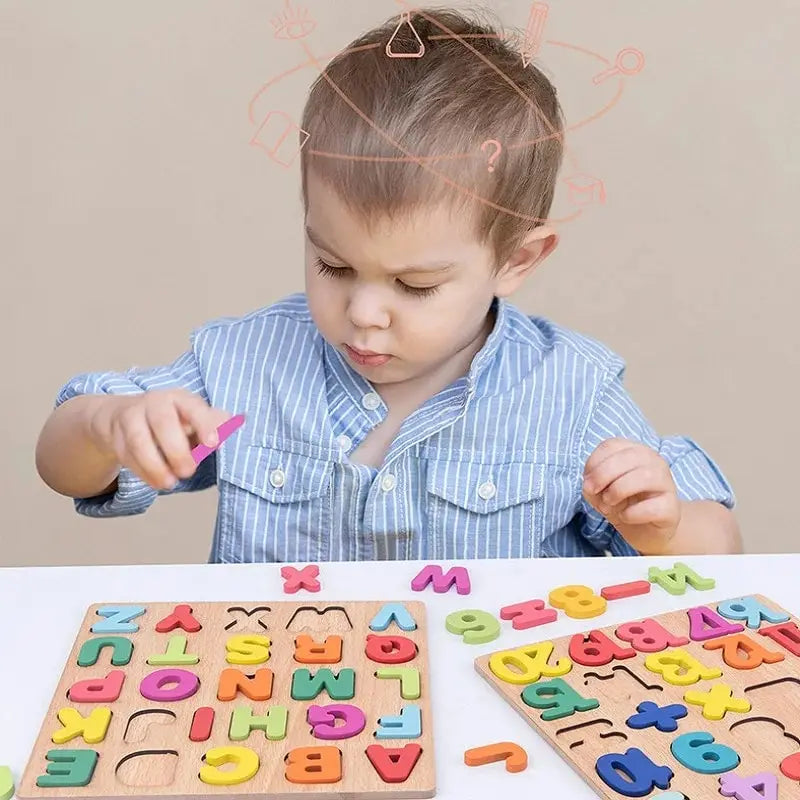 Buntes Alphabet-Holzpuzzle – Lernspiel für Kinder mit Zahlen & Formen