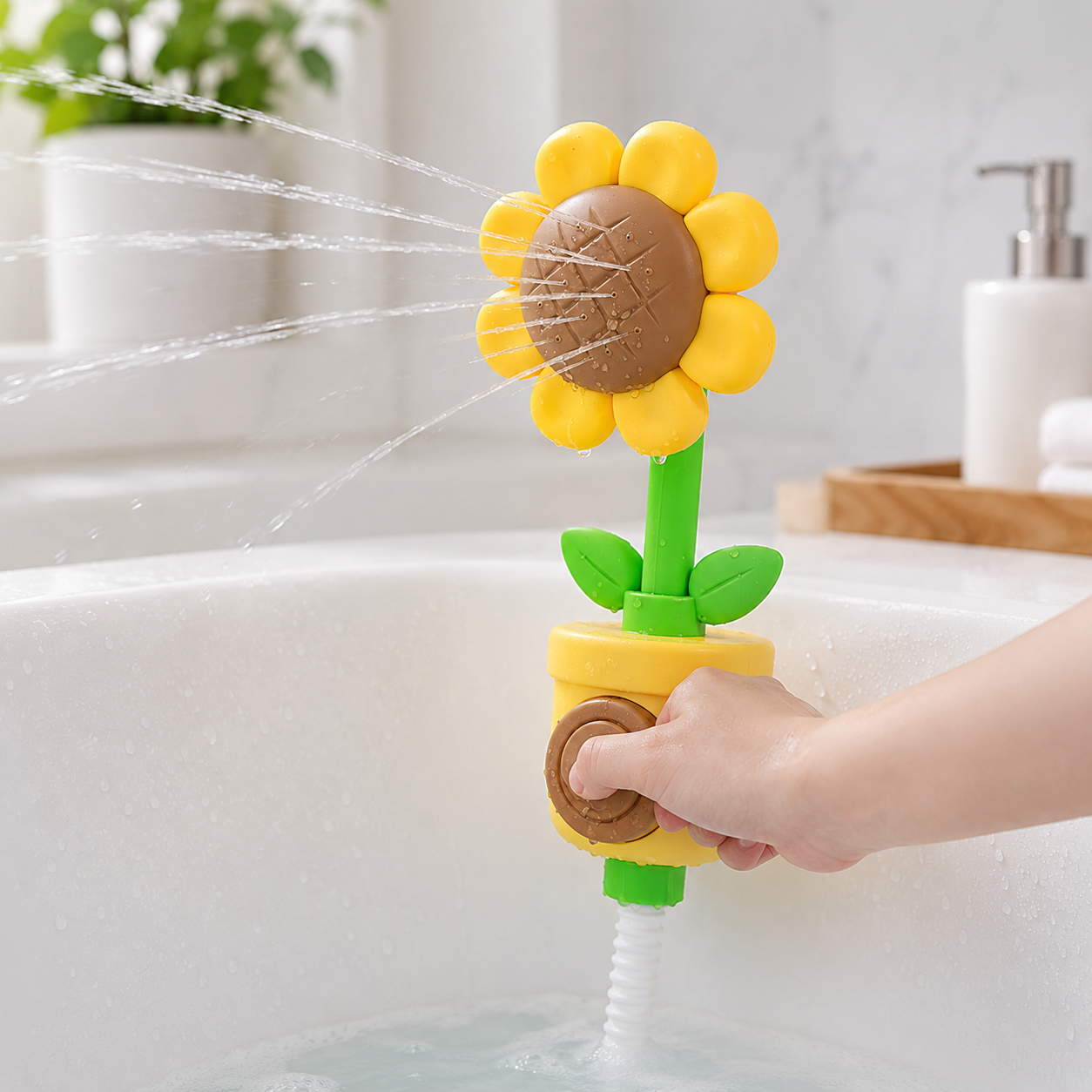 Baby Duschspielzeug Sonnenblume – Wassersprinkler & Badekugel Gelb