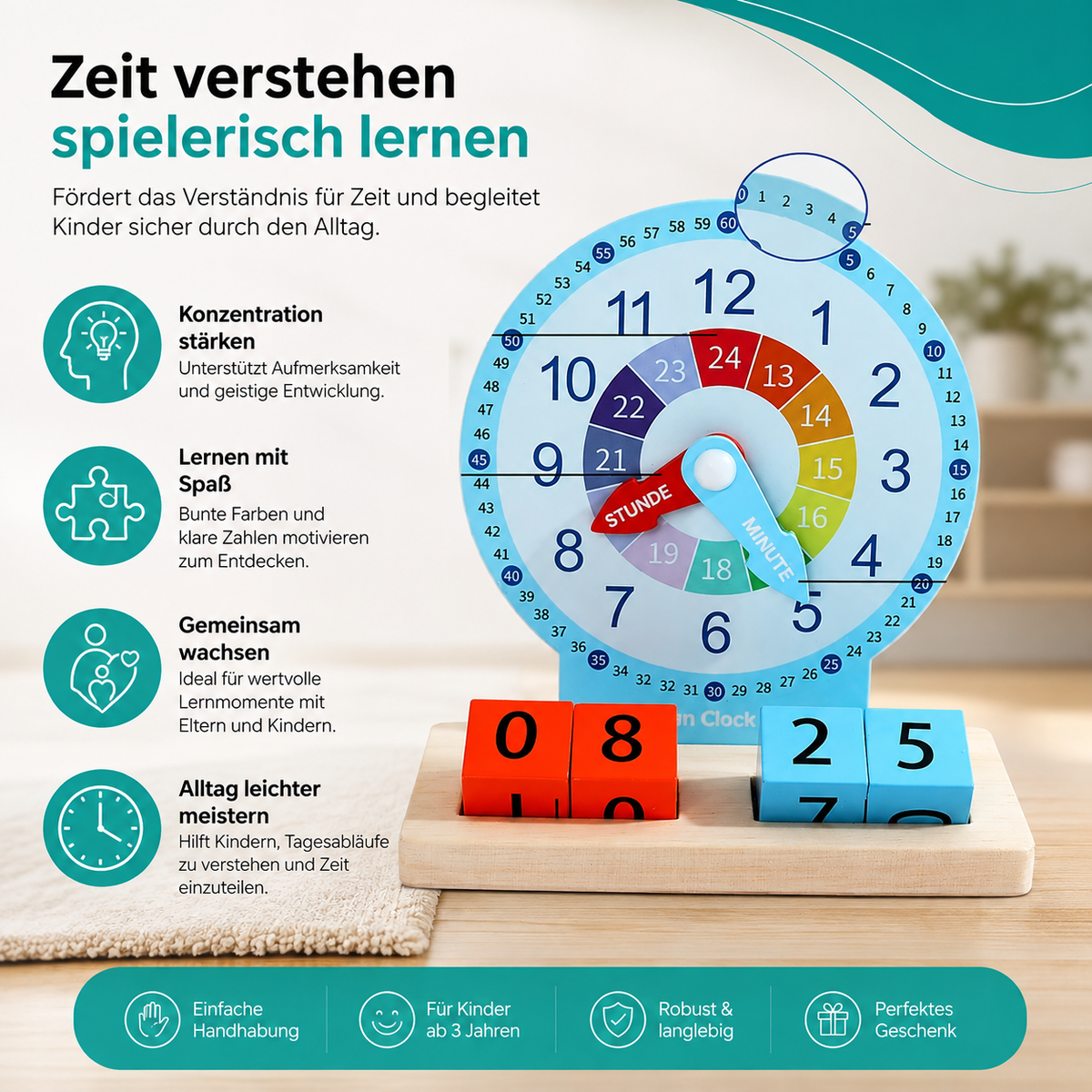 Montessori-Lernuhr für Kinder – Uhrzeit spielerisch lernen