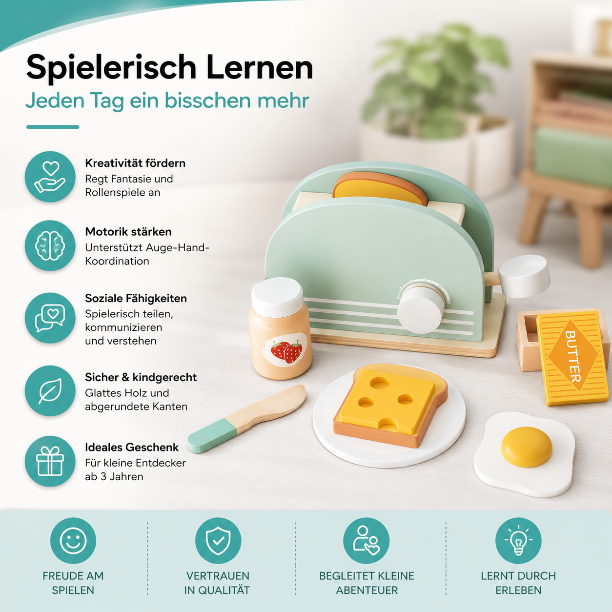 Holz Toaster Spielzeug für Kinder – Montessori Frühstücks-Satz