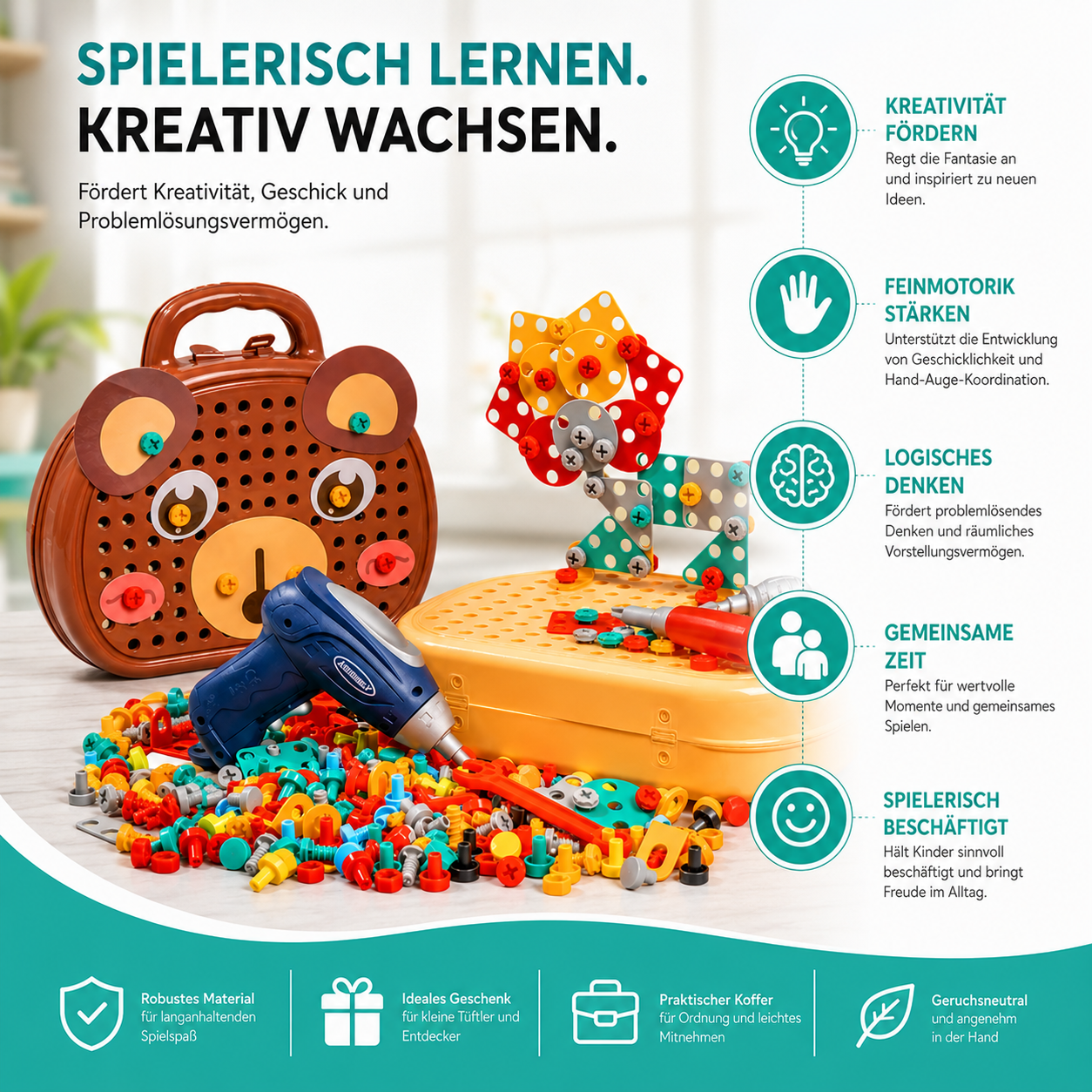 Kinder Werkzeugset mit Spielzeugbohrer für kreatives Bauen