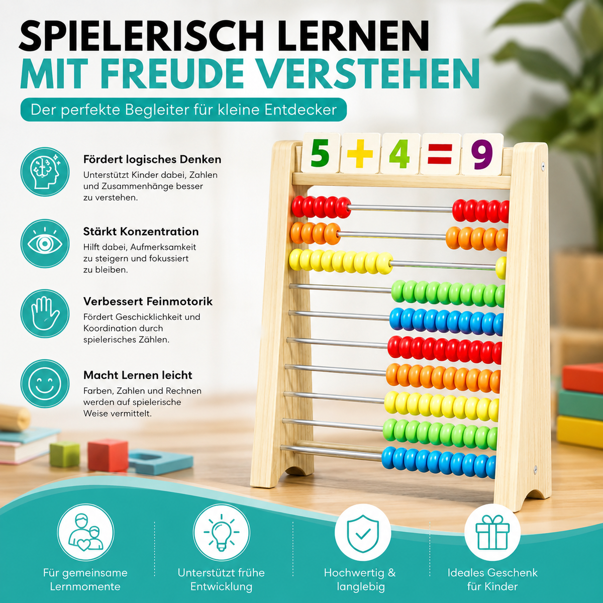 Holz-Rechenrahmen mit 100 Perlen – spielerisch Mathe lernen