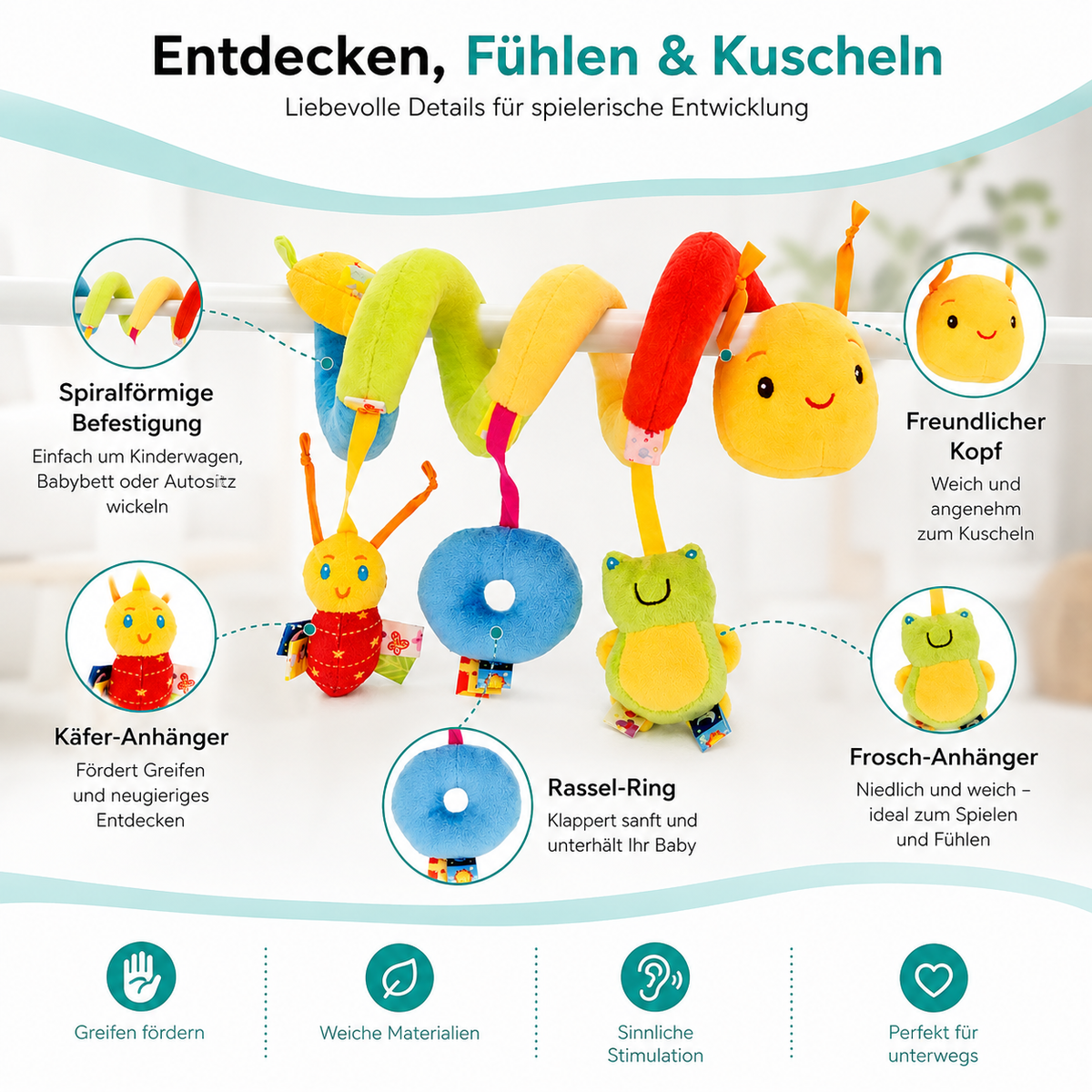 Verschiedene Anhänger laden zum Greifen, Fühlen und Entdecken ein.