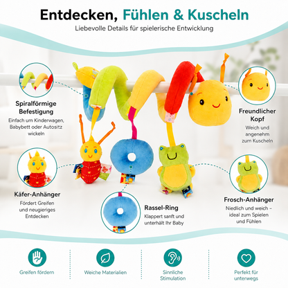 Verschiedene Anhänger laden zum Greifen, Fühlen und Entdecken ein.