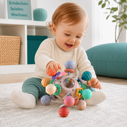 Sensorischer Montessori Beißball für Babys – Greifen, Hören, Fühlen