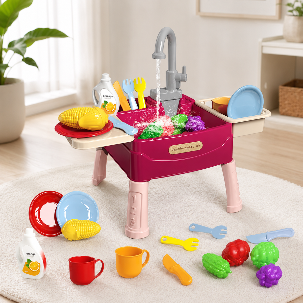 Kinder Spielküche mit Wasserfunktion und Zubehör Rot