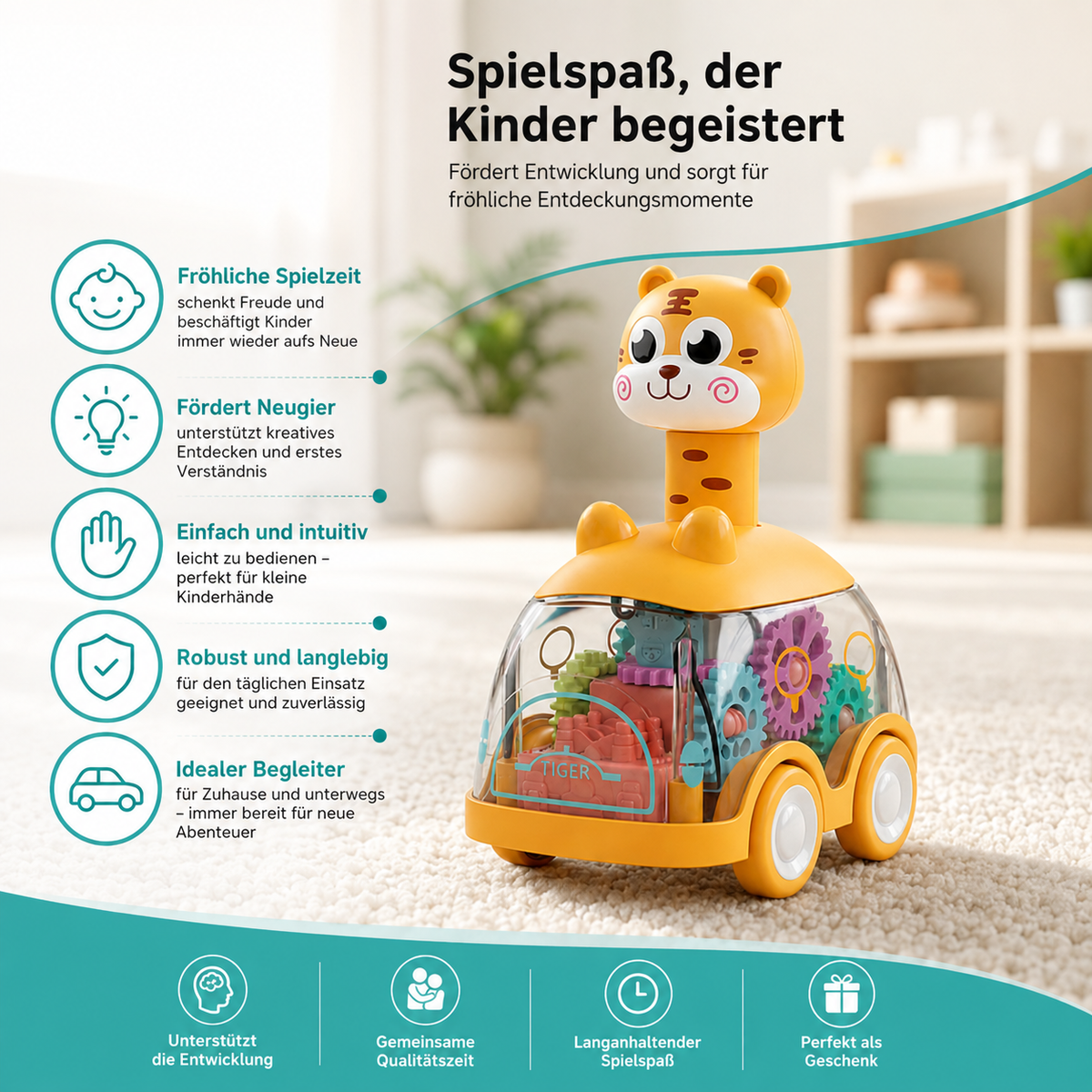 Drück-&-Go Auto – Tierdesign mit Licht & Rückziehmotor