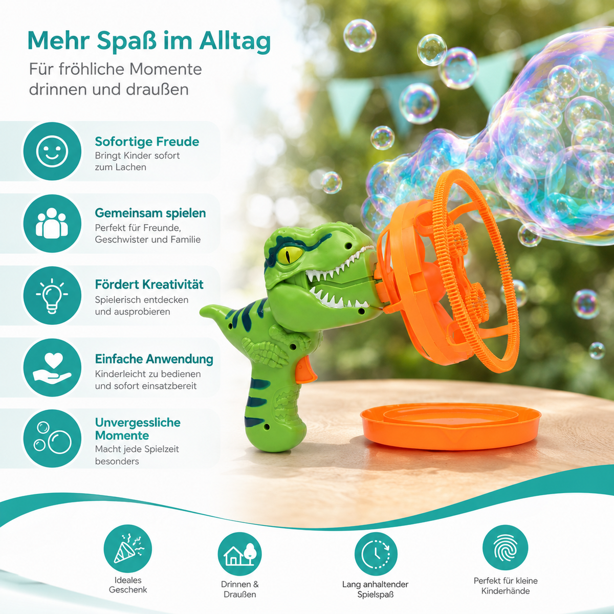 Dino Seifenblasen-Blaster für Kinder mit automatischer Blasenfunktion