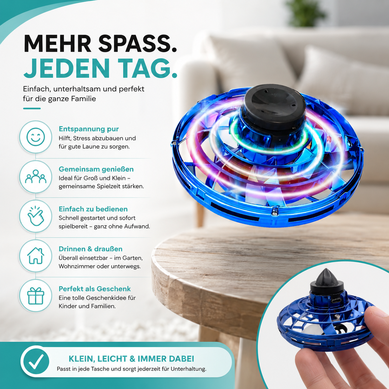 Fliegender LED Kreiselball im UFO-Design