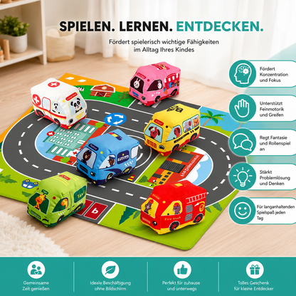 9 Stoffautos Spielzeug Satz mit Spielmatte