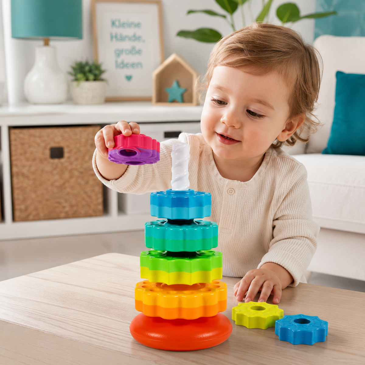 Farbenfrohe Stapelringe aus Holz für Kinder