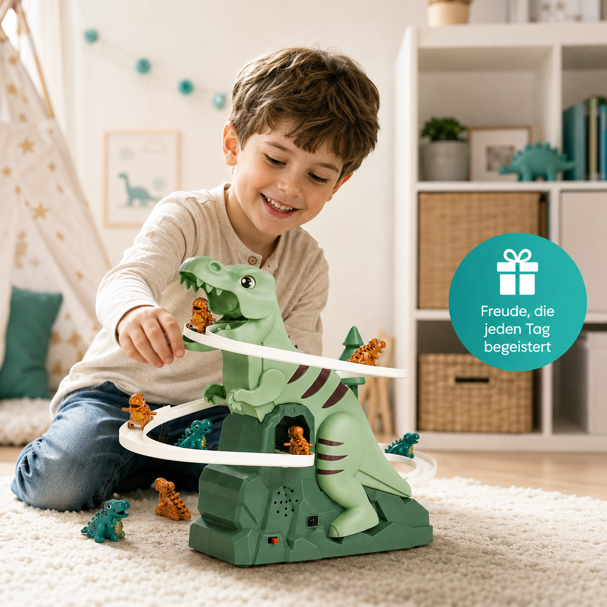 Dino-Abenteuer Rennbahn – Elektrische Spielbahn mit Musik & Bewegung für Kinder