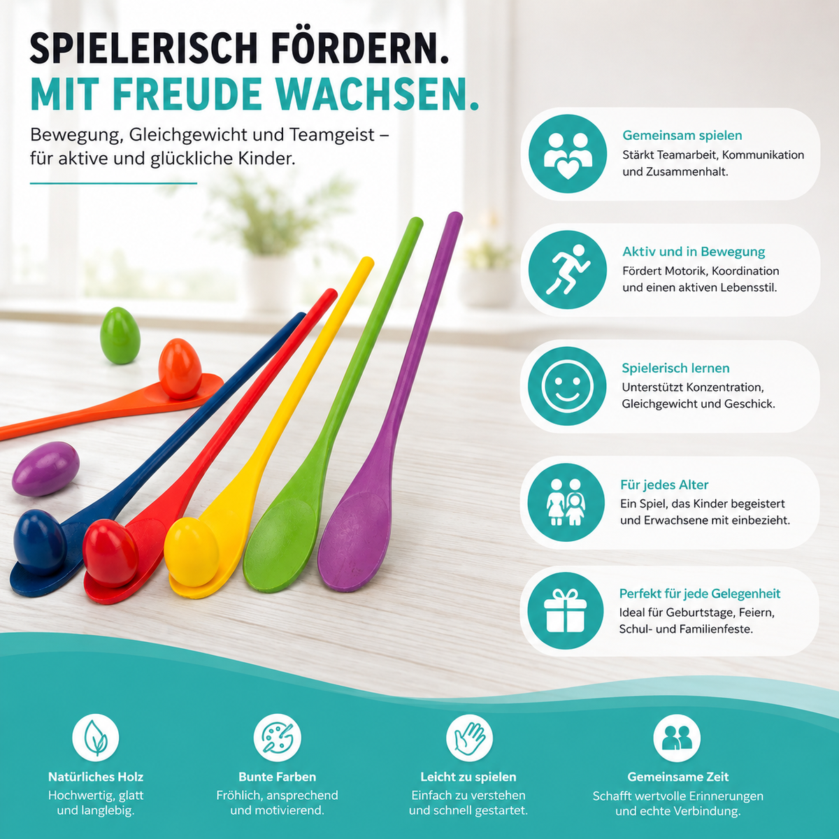 Holz-Ei-und-Löffel-Rennspiel – Gleichgewicht, Spaß & Bewegung für Kinder!