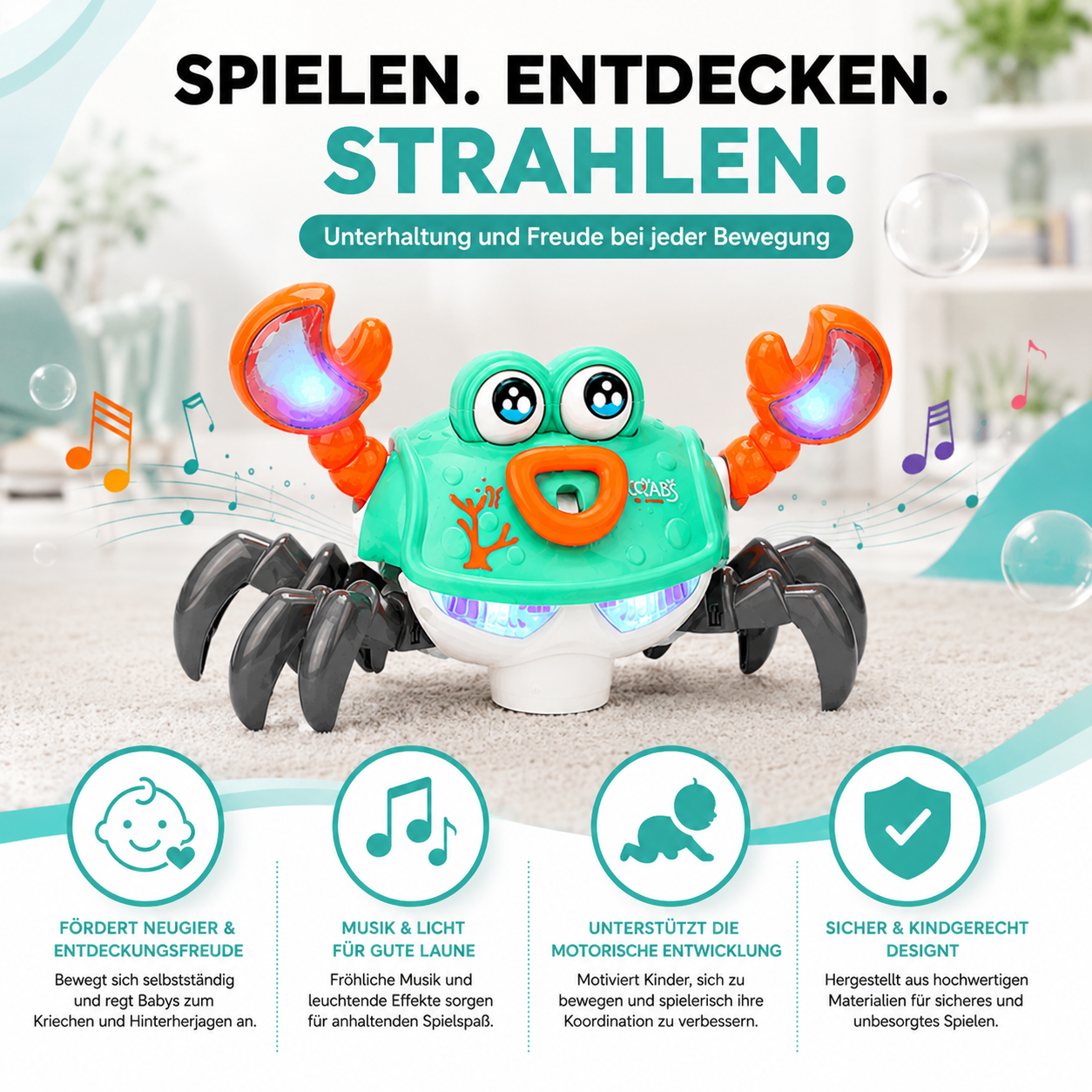 Elektrische Spielzeug-Krabbe mit Musik und LED-Licht für Babys