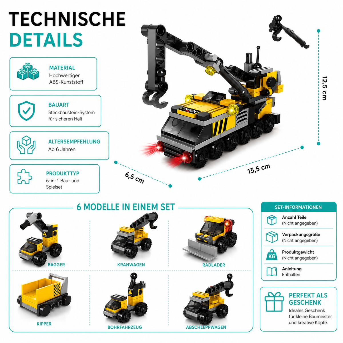 6-in-1 DIY Baustellen-Fahrzeuge – Bauen, Lernen & Smart Spielen