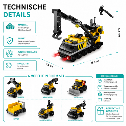 6-in-1 DIY Baustellen-Fahrzeuge – Bauen, Lernen & Smart Spielen