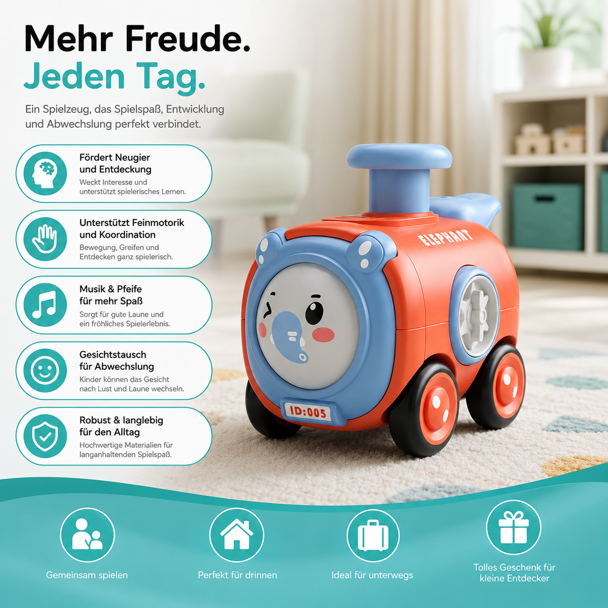 Karikatur Zugspielzeug – Musik, Pfeife & Gesichtstausch