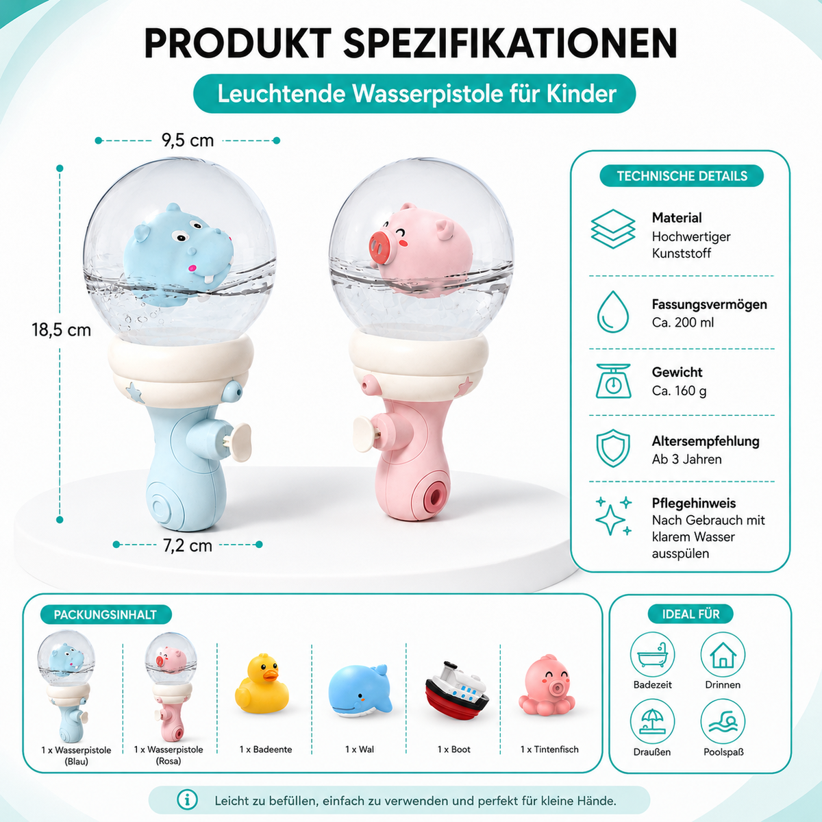 Leuchtende Wasserpistole für Kinder – Spaß drinnen & draußen