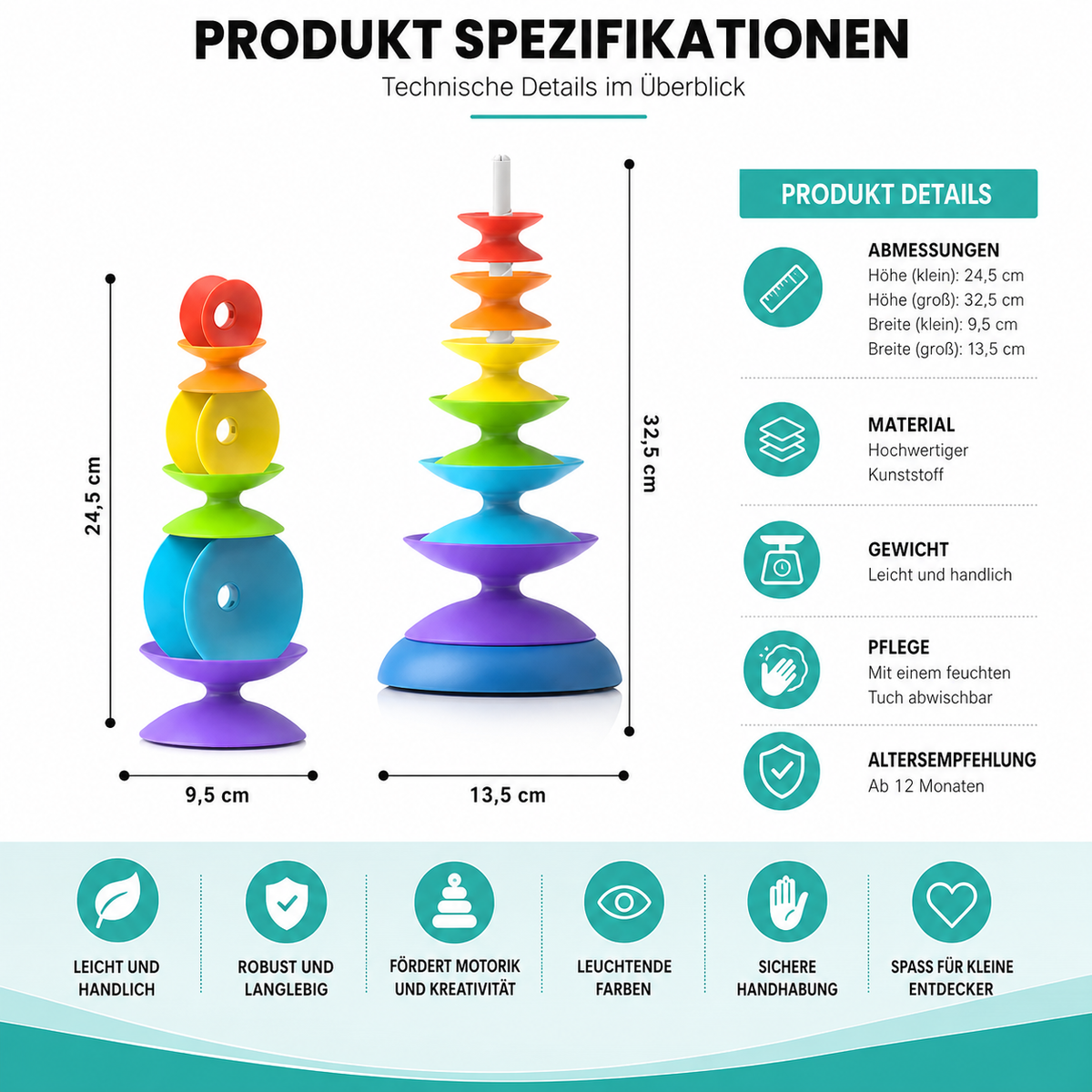 Bunter Regenbogen-Stapelring Turm – Montessori Lernspielzeug für 3-6J.