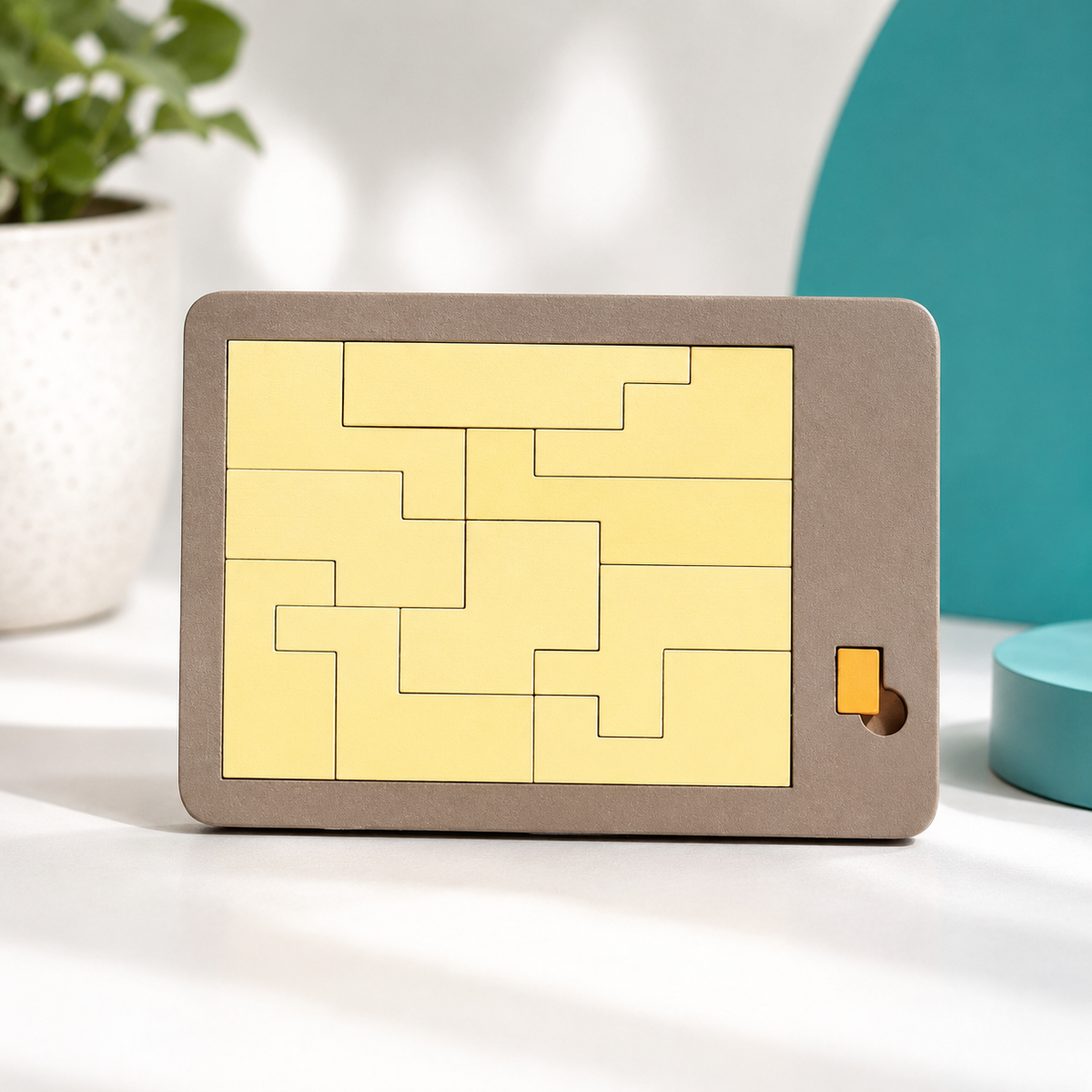 Helles Holzpuzzle mit passenden geometrischen Formteilen.