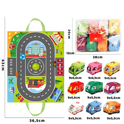 9 Stoffautos Spielzeug Satz mit Spielmatte