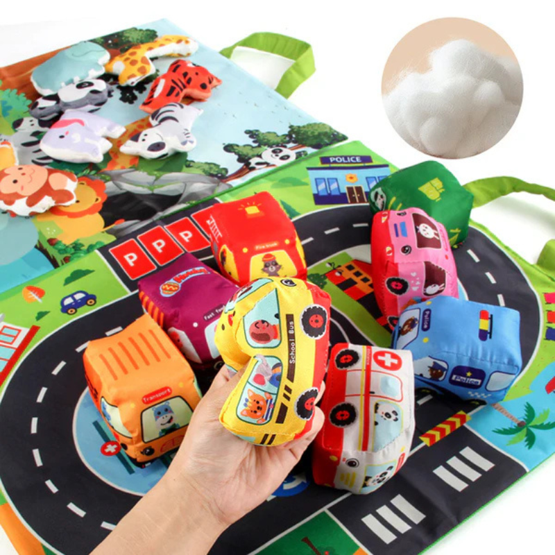 9 Stoffautos Spielzeug Satz mit Spielmatte