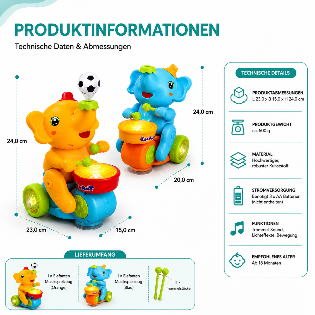 Gehendes Elefanten Musikspielzeug für Babys – mit Licht & klang