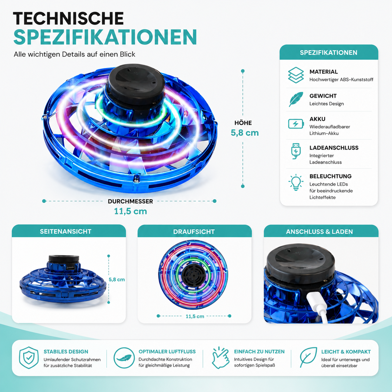 Fliegender LED Kreiselball im UFO-Design