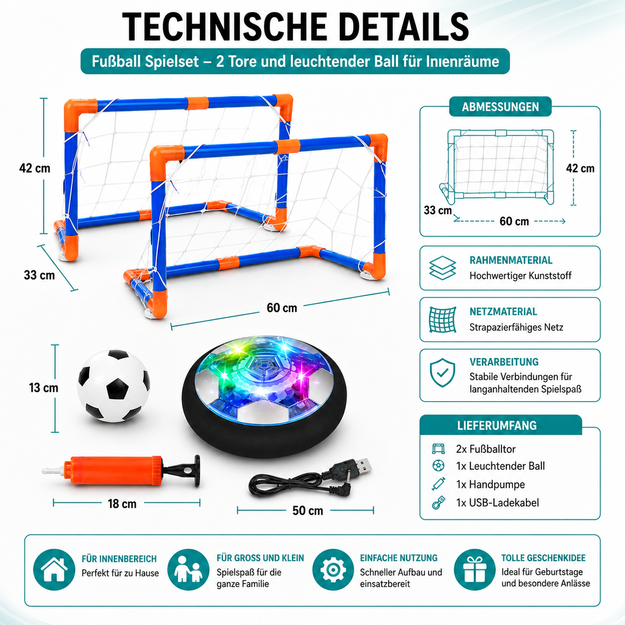 Fußball Spielset – 2 Tore und leuchtender Ball für Innenräume