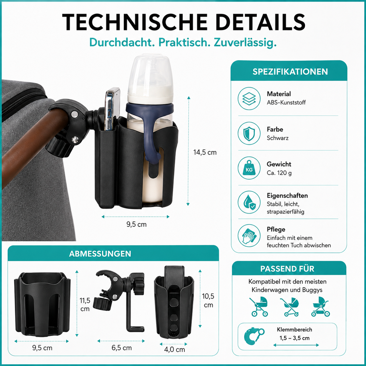 Übersichtliche Darstellung von Maßen und Produktdetails.