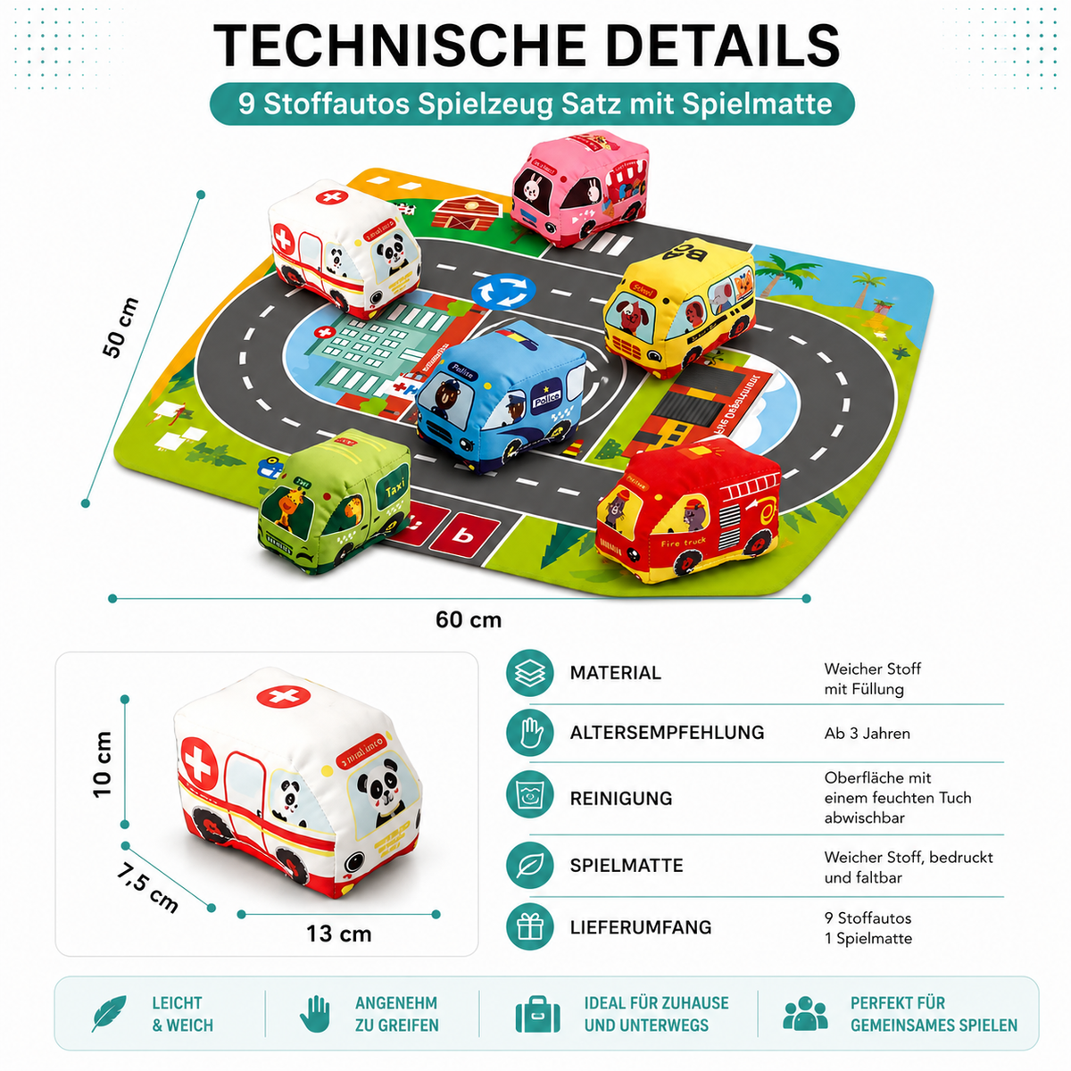 9 Stoffautos Spielzeug Satz mit Spielmatte