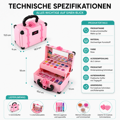 Übersicht des rosa Kinder Schminksets im Koffer mit Produktdetails und Zubehör