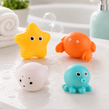 LED Badespaß – Farbenfrohes Lichtspiel für kleine Entdecker! 4 Stück (Oktopus Seestern Krabbe Seelöwe)