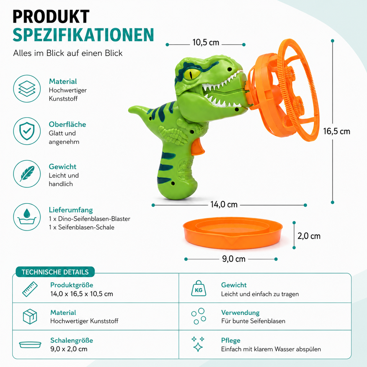 Dino Seifenblasen-Blaster für Kinder mit automatischer Blasenfunktion