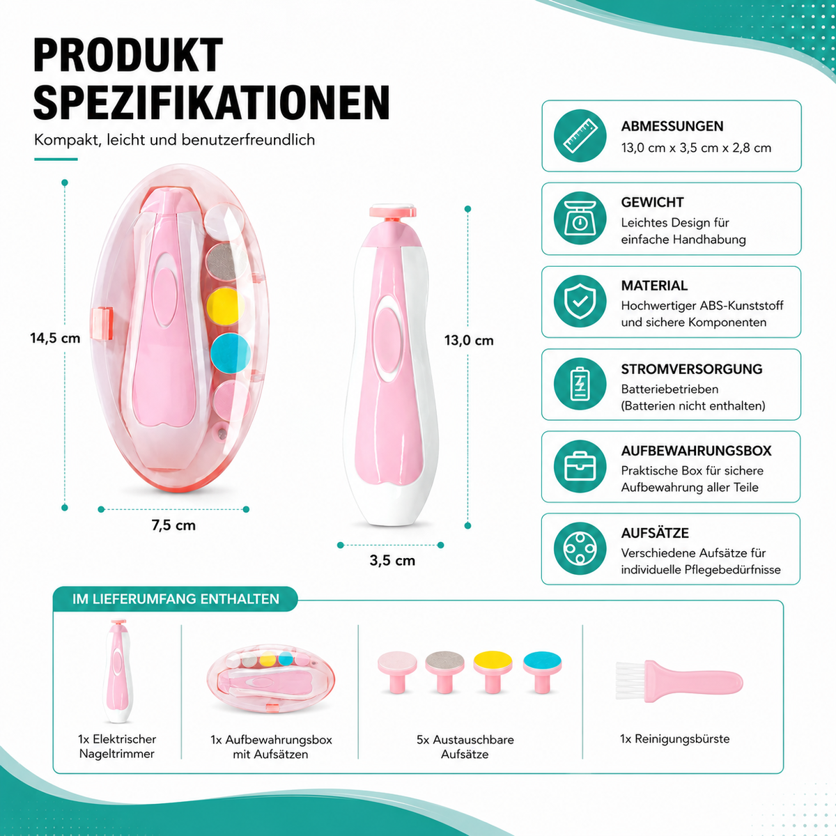 Elektrischer Baby Nageltrimmer mit leisem Motor und LED Licht