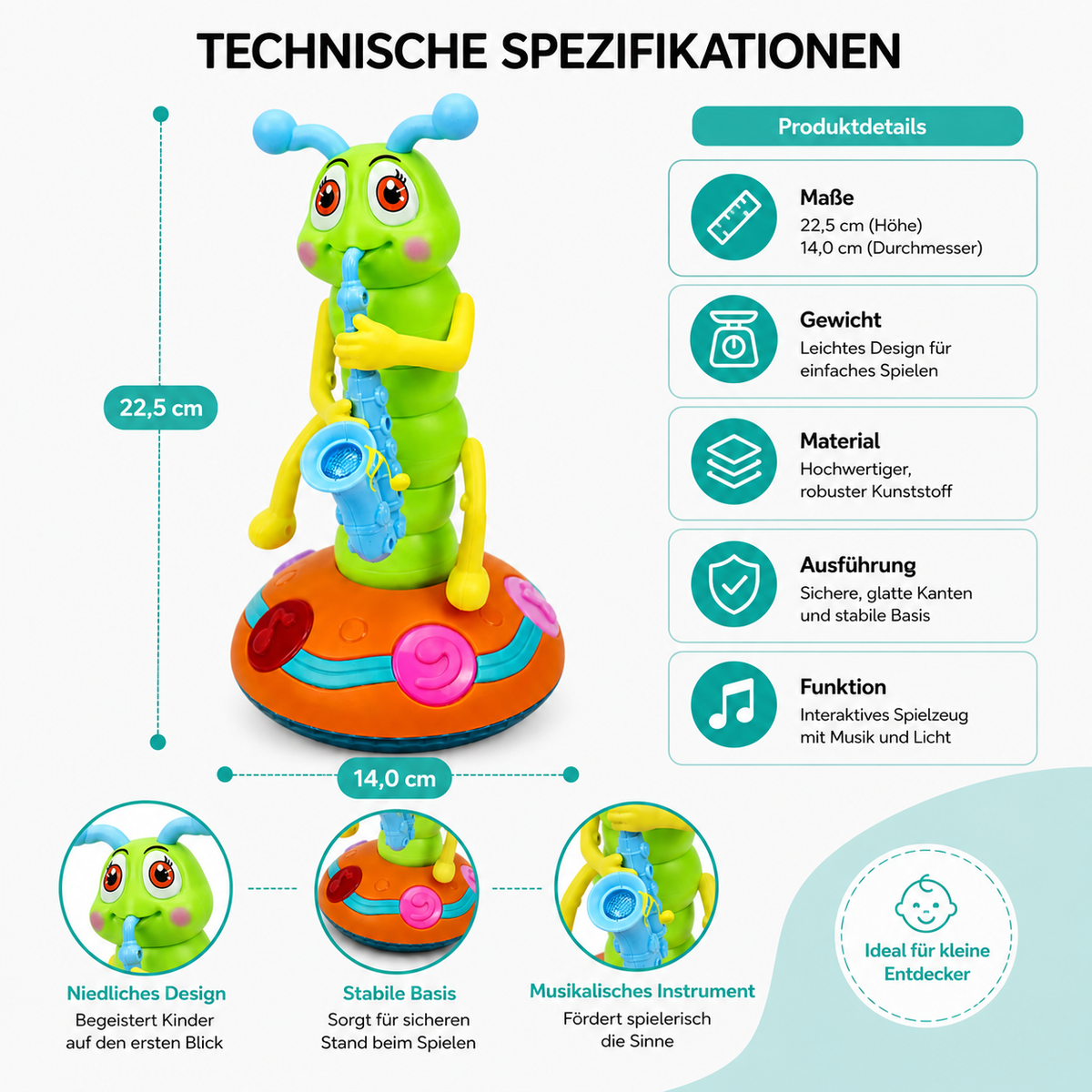 Interaktives Raupen Spielzeug mit Musik, Licht und Bewegung für Kinder