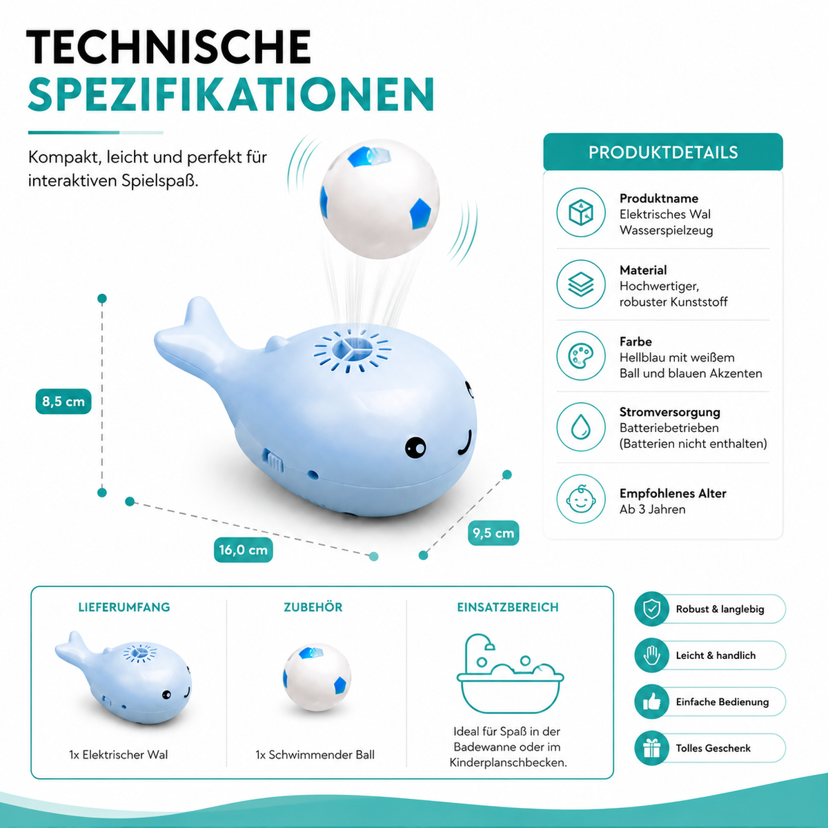 Elektrisches Wal Wasserspielzeug mit schwimmendem Ball für Kinder
