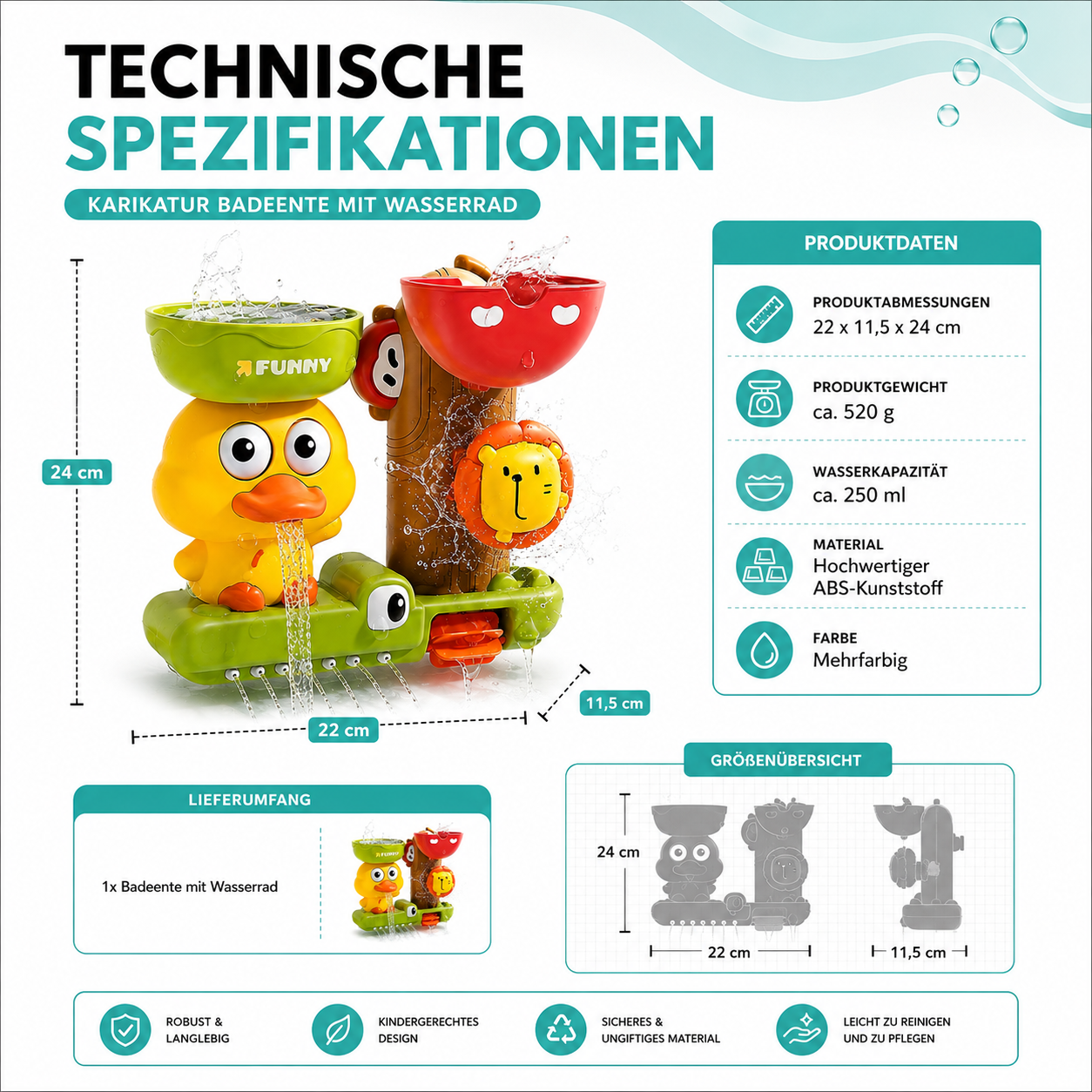 Karikatur Badeente mit Wasserrad – Spielspaß beim Baden für Kinder