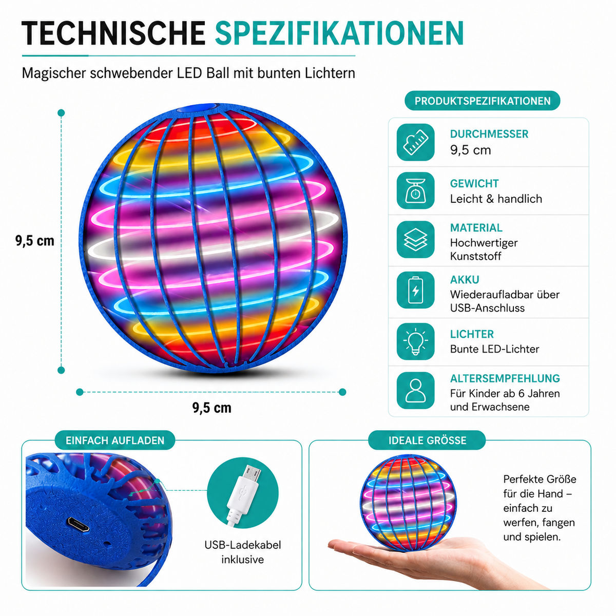 Magischer schwebender LED Ball mit bunten Lichtern